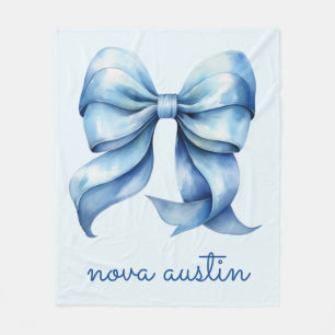 Trendy Blue Bow Personalized With Name Monogram Fleece Blanket