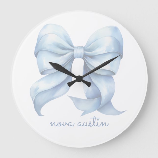 Trendy Blue Bow Personalized With Name Monogram Large Clock (Front)