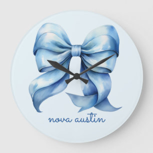 Trendy Blue Bow Personalized With Name Monogram Large Clock