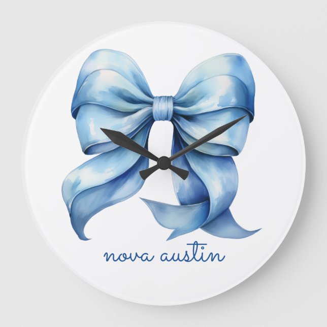 Trendy Blue Bow Personalized With Name Monogram Large Clock (Front)