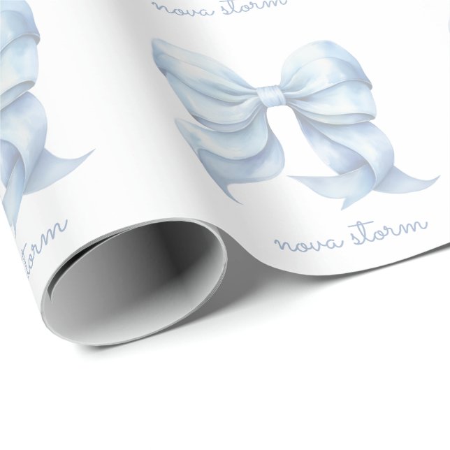 Trendy Blue Bow Personalized With Name Monogram Wrapping Paper (Roll Corner)