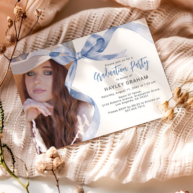 Trendy Blue Bow Photo Graduation Party Invitation (Creator Uploaded)
