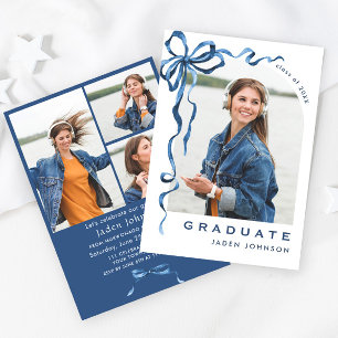 Trendy Blue Bow Ribbon 4 PHOTO Graduation Party Invitation