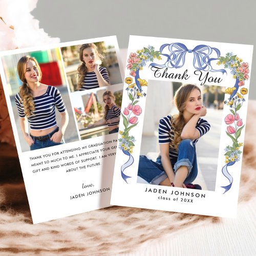 Trendy Blue Bow Ribbon 4 PHOTO Graduation Party