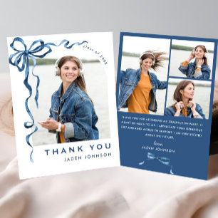 Trendy Blue Bow Ribbon 4 PHOTO Graduation Thank You Card