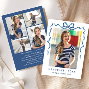 Trendy Blue Bow Ribbon 5 PHOTO Graduation Party Invitation