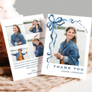 Trendy Blue Bow Ribbon 5 PHOTO Graduation Thank You Card