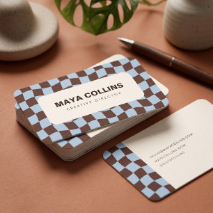Trendy Blue Brown Wavy Checkered Business Card