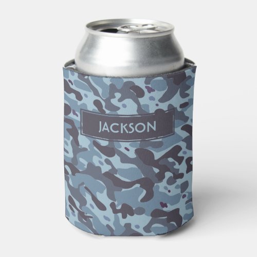 Trendy blue camouflage pattern with name can cooler