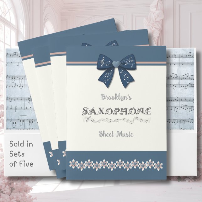 Trendy Blue Coquette Bow Saxophone Sheet Music Pocket Folder (Stylish navy and cream saxophone sheet music pocket folder set for school band and jazz rehearsals.)