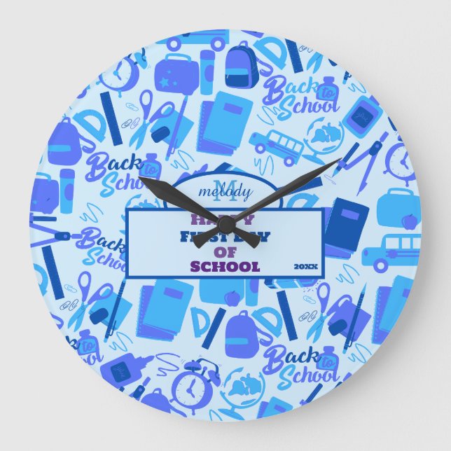 trendy blue Customizable Back to School Pattern Large Clock (Front)