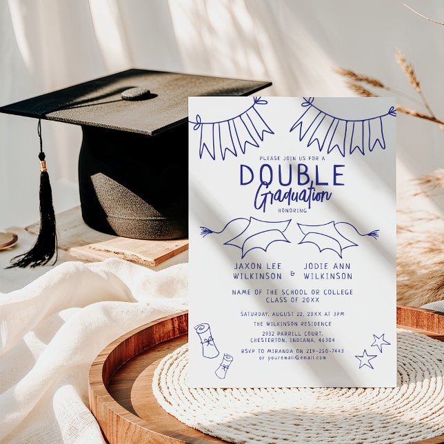 Trendy Blue Doodle Double Graduation Party Invitation (Creator Uploaded)