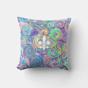Trendy Blue Fleur-De-Lis Design Throw Pillow