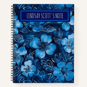 Trendy Blue Floral Custom Name Keepsake Notebook