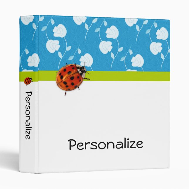 Trendy Blue Floral Ladybug With Name 3 Ring Binder (Front/Spine)