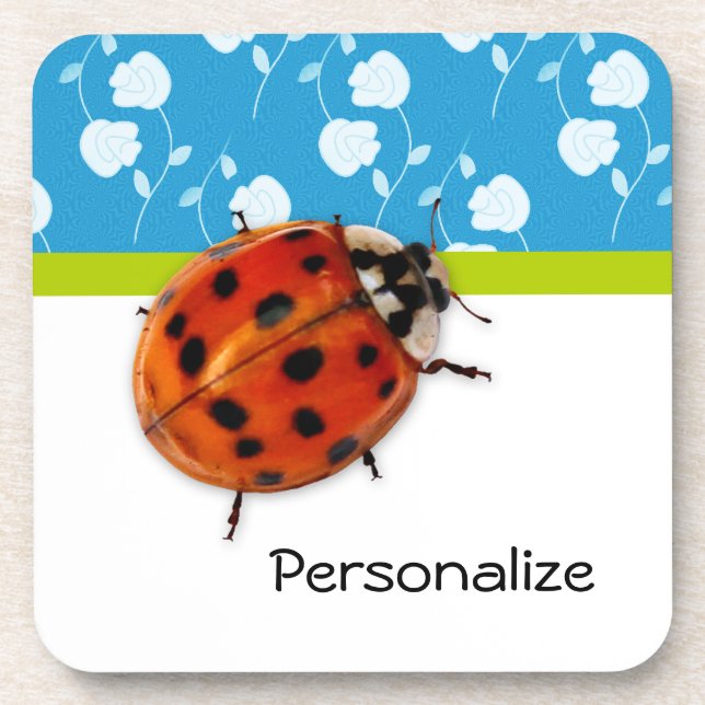 Trendy Blue Floral Ladybug With Name Coaster (Front)