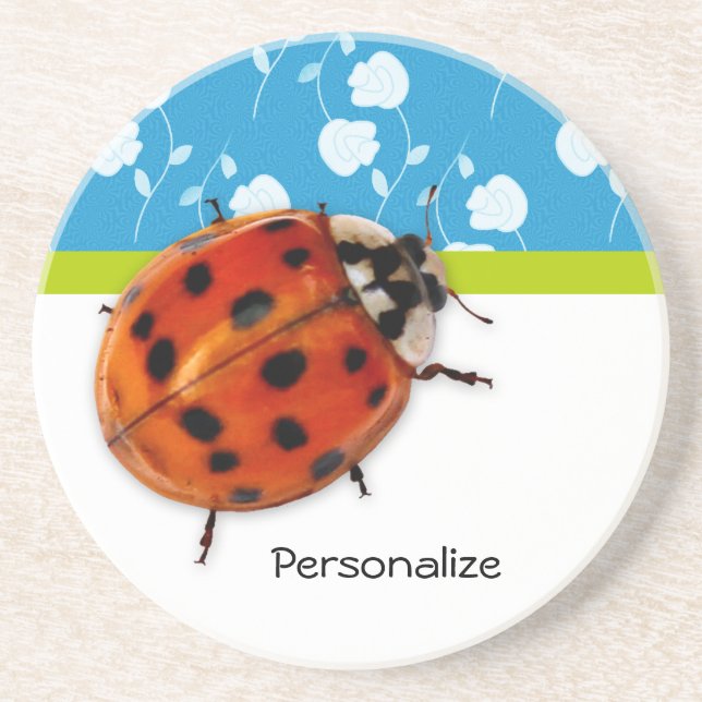 Trendy Blue Floral Ladybug With Name Drink Coaster (Front)