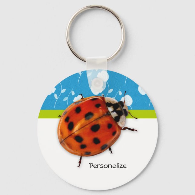 Trendy Blue Floral Ladybug With Name Keychain (Front)