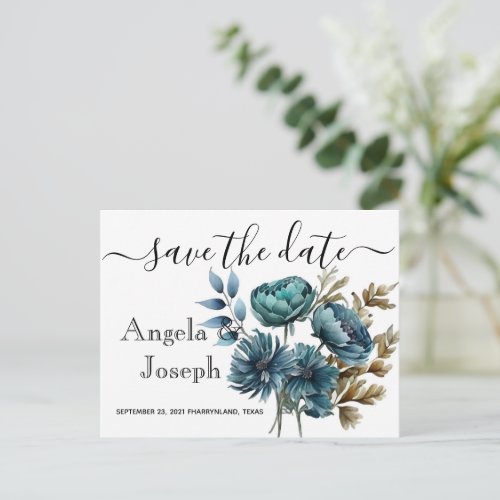  trendy blue Floral      Save the Date  Announcement Postcard