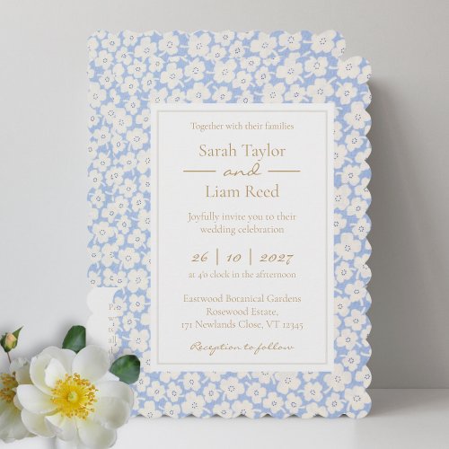 Trendy Blue Floral Wedding RSVP QR  Invitation