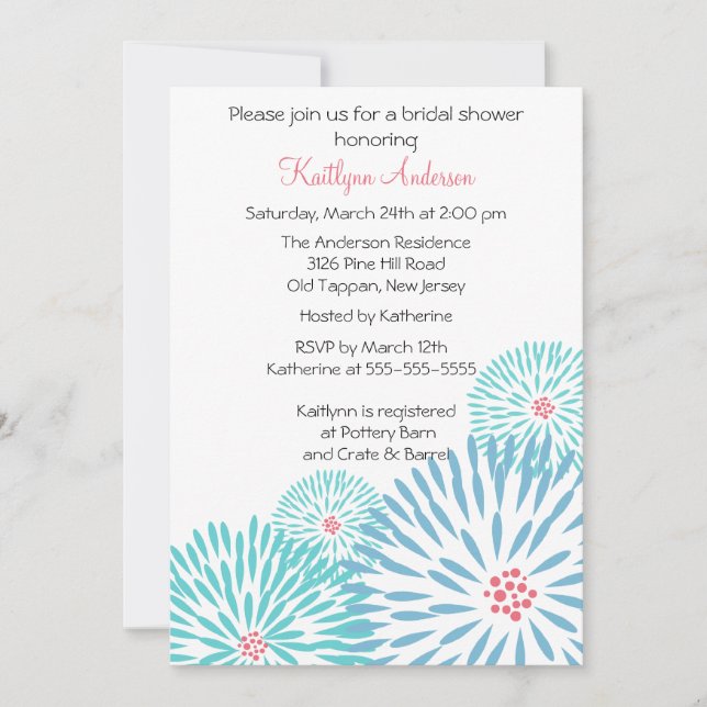 Trendy Blue Flower Bridal Shower Invitation (Front)