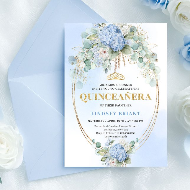 Trendy Blue Flowers Eucalyptus Quinceañera Invite (Trendy Blue Flowers Eucalyptus Quinceañera Invite)