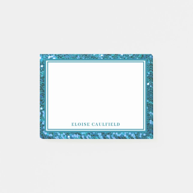 Trendy Blue Glitter Bridesmaid Name Favor Post-it Notes (Front)