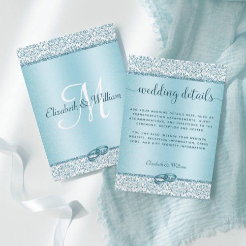 Trendy Blue Glitter Damask Wedding Details Enclosure Card