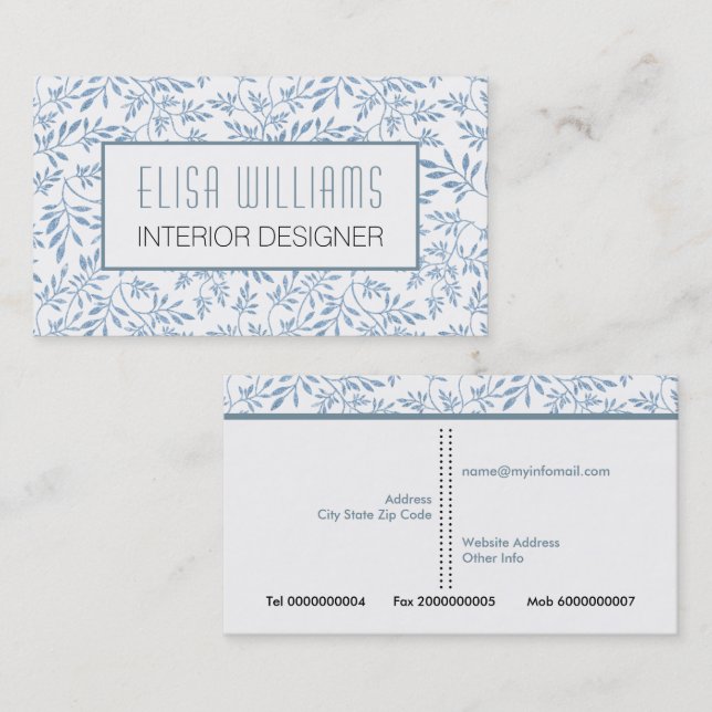 Trendy blue glitter leaves floral pattern  business card (Front/Back)