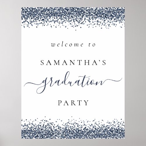 Trendy Blue Glitter Welcome Graduation Party Poster