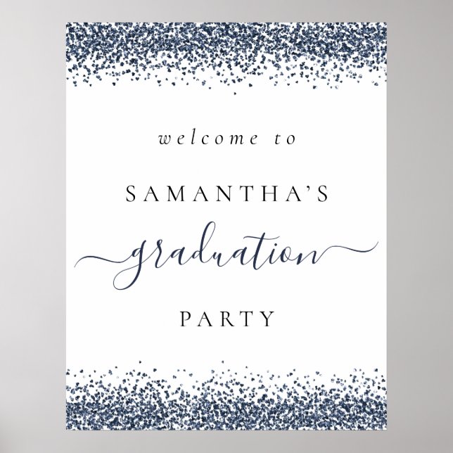 Trendy Blue Glitter Welcome Graduation Party Poster (Front)