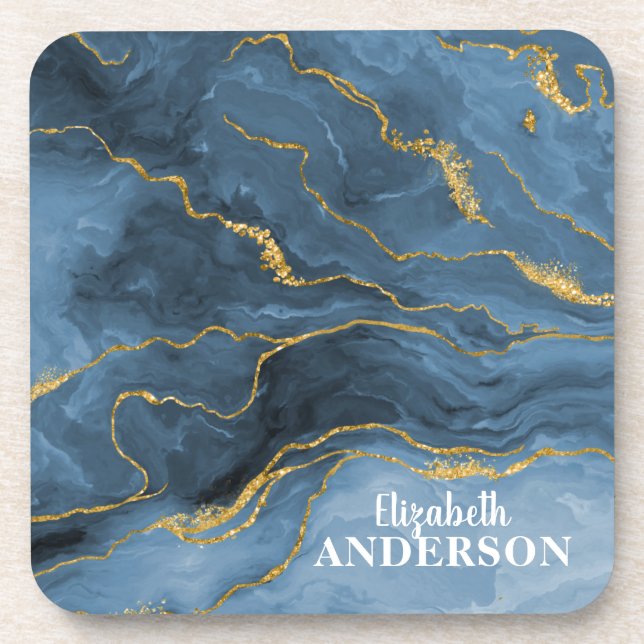 Trendy Blue Gold Agate Geode Marble Monogram Beverage Coaster (Front)