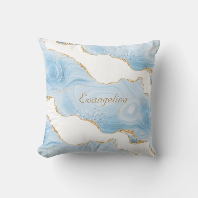Trendy Blue Gold Agate Personalized Throw Pillow (Front)