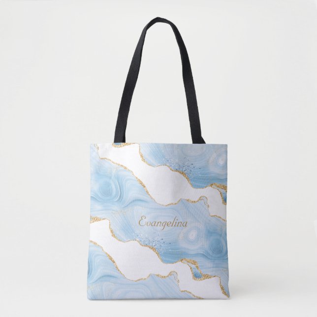 Trendy Blue Gold Agate Personalized Tote Bag (Front)