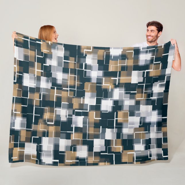 Trendy Blue Gold Brown Black White Plaid Fleece Blanket (In Situ)