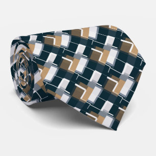 Trendy Blue Gold Brown Black White Plaid Neck Tie