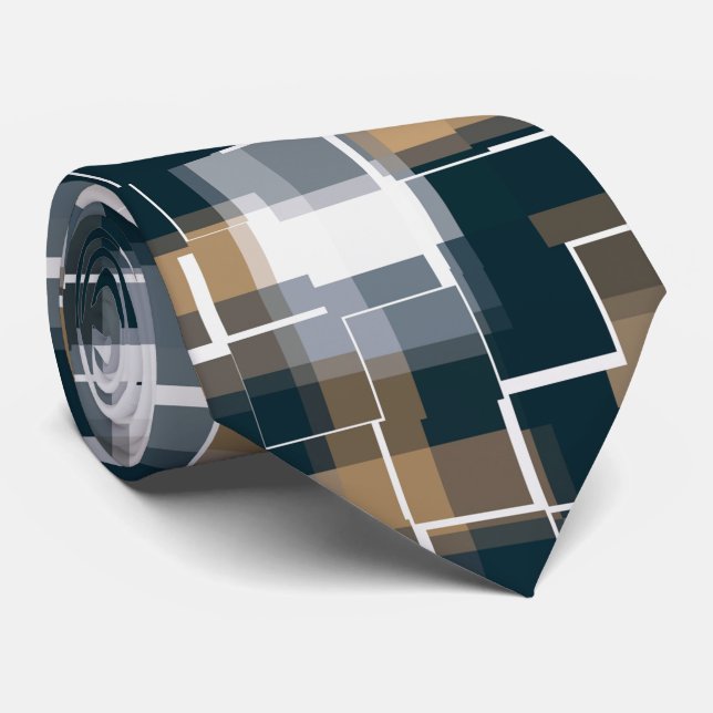 Trendy Blue Gold Brown Black White Plaid  Neck Tie (Rolled)