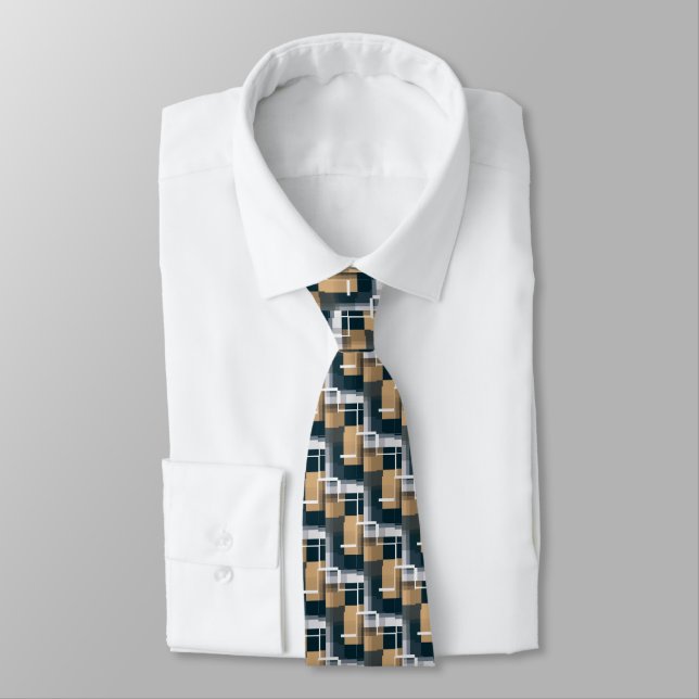 Trendy Blue Gold Brown Black White Plaid  Neck Tie (Tied)