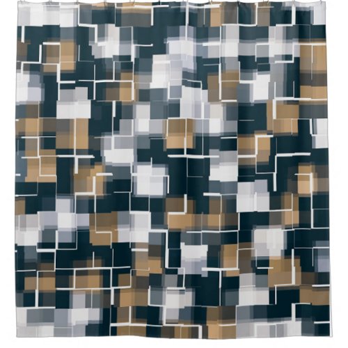 Trendy Blue Gold Brown Black White Plaid Shower Curtain