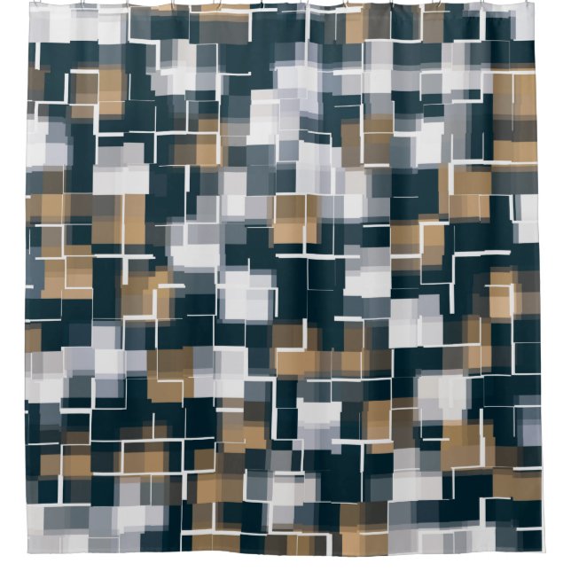 Trendy Blue Gold Brown Black White Plaid Shower Curtain (Front)