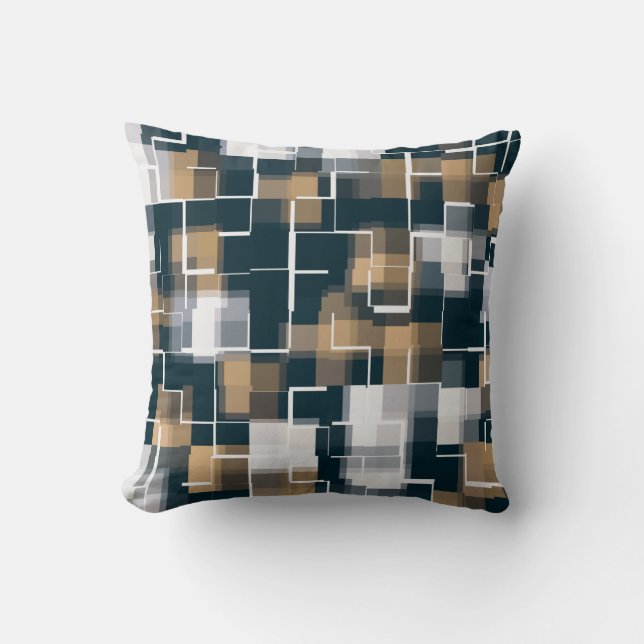 Trendy Blue Gold Brown Black White Plaid Throw Pillow (Front)