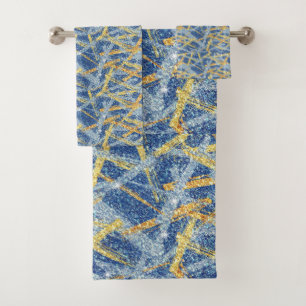 Trendy Blue Gold Glitter Abstract Brush Strokes Bath Towel Set