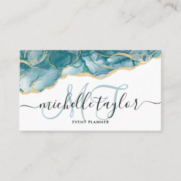 Trendy Blue Gold Monogram Makeup Artist Hair Salon Business Card