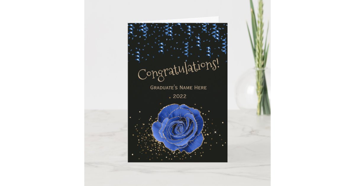 Trendy Blue Gold Rose Congratulations Graduation Card | Zazzle