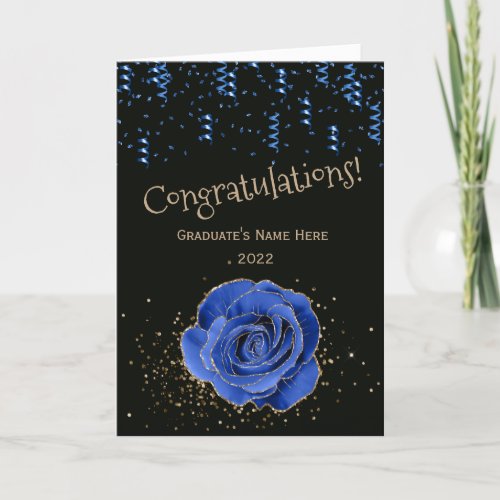 Trendy Blue Gold Rose Congratulations Graduation Card
