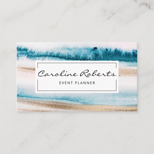 Trendy Blue Gold Watercolor Brushstrokes Elegant   Business Card (Front)