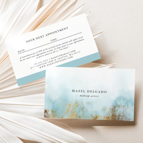 Trendy Blue Gold Watercolor Makeup Artist Appointment Card