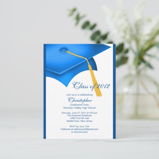 Trendy Blue Grad Cap Graduation Party Invitation | Zazzle