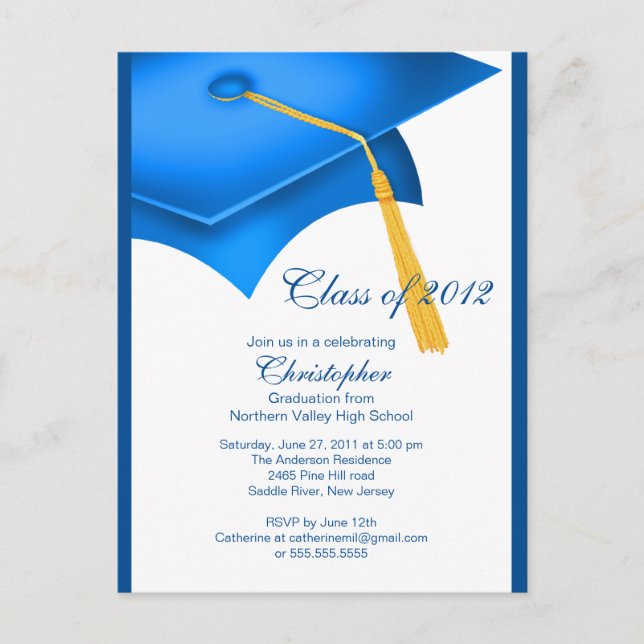 Trendy Blue Grad Cap Graduation Party Invitation (Front)