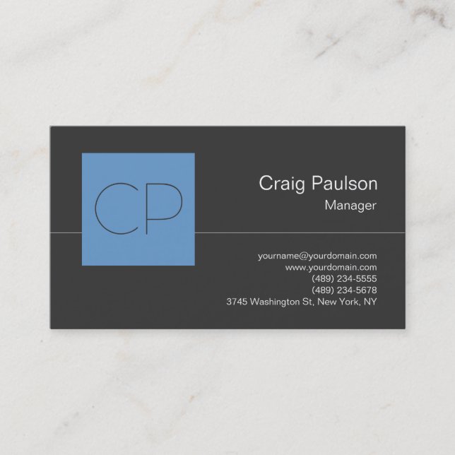 Trendy Blue Gray Chic Monogram Business Card (Front)